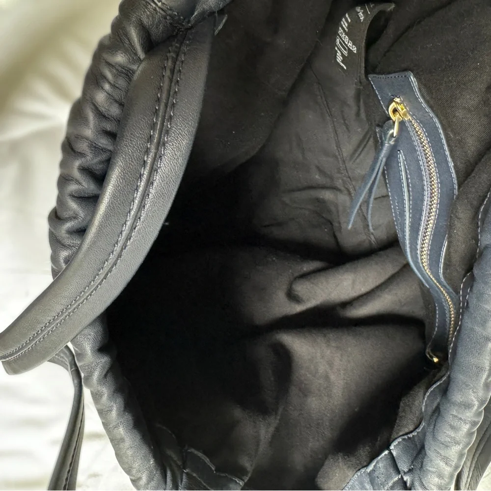 & Other Stories Leather Oversized Drawstring Tote, Navy. - Picture 7 of 12